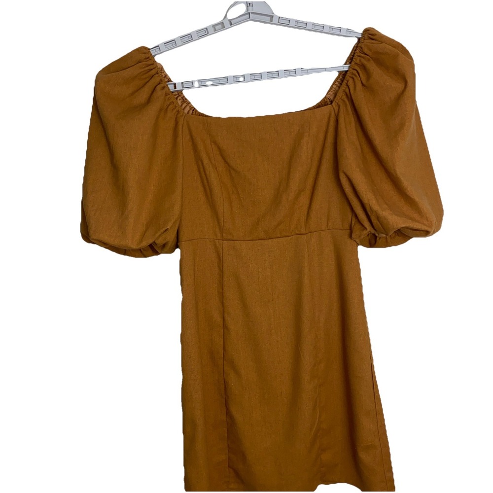 Mi Ami Francesca's Linen Blend Brown Puff Sleeve Midi Peasant Dress Small